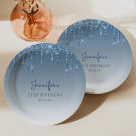 Chic Blue Glitter Drip 21st Birthday Party Paper Plate<br><div class="desc">These chic,  elegant 21st birthday party paper plates feature a sparkly blue faux glitter drip border and blue ombre background. Personalize them with the guest of honour's name in blue handwriting script,  with her birthday and date below in sans serif font.</div>