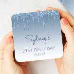 Chic Blue Glitter Drip 21st Birthday Party Square Paper Coaster<br><div class="desc">These chic 21st birthday party paper coasters feature a sparkly blue faux glitter drip border and blue ombre background. Personalize them with the guest of honour's name in blue handwriting script,  with her birthday and date below in sans serif font.</div>