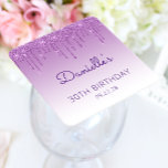 Chic Blue Glitter Drip 30th Birthday Party Square Paper Coaster<br><div class="desc">These chic 30th birthday party paper coasters feature a sparkly purple faux glitter drip border and purple ombre background. Personalize them with the guest of honour's name in purple handwriting script,  with her birthday and date below in sans serif font.</div>