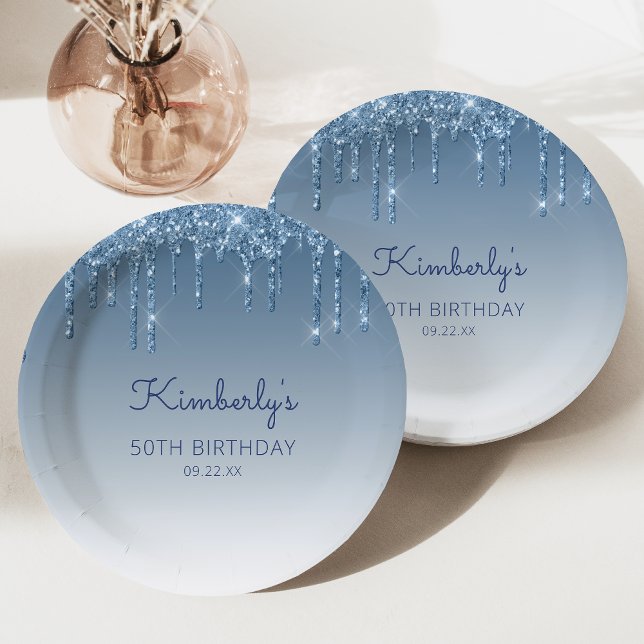 Chic Blue Glitter Drip 50th Birthday Party Paper Plate (Creator Uploaded)