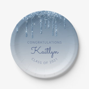 Chic Blue Glitter Drip Graduation Party Paper Plate