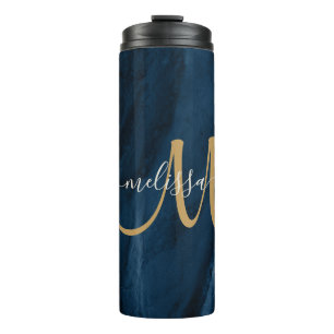 Chic Blue Gold Agate Script Monogram Custom Thermal Tumbler