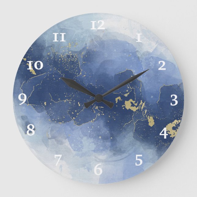 Chic Blue Gold Alcohol Ink Watercolor Large Clock (Front)