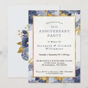 Chic Blue Gold Floral Customizable Anniversary Invitation