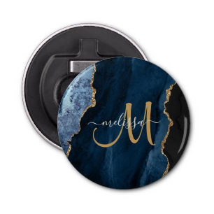 Chic Blue Gold Glitter Agate Custom Monogram Bottle Opener