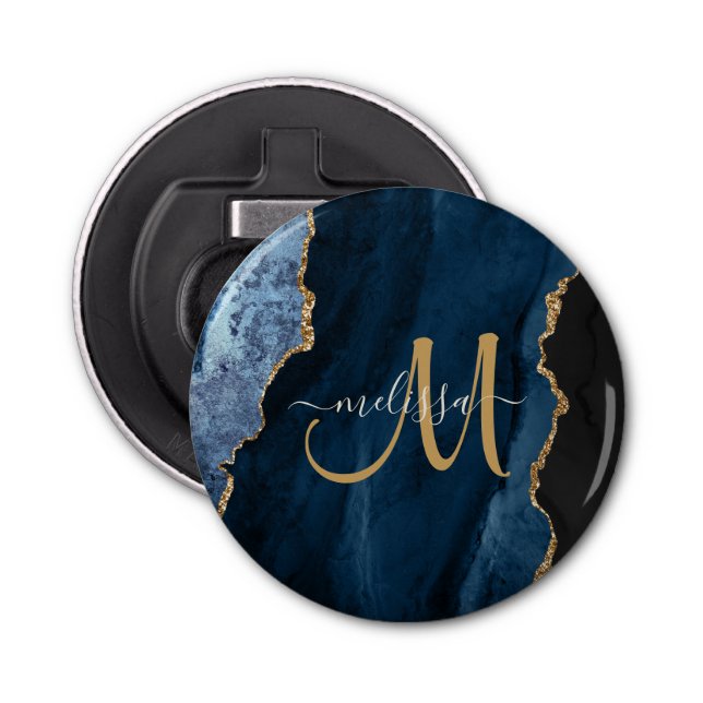 Chic Blue Gold Glitter Agate Custom Monogram Bottle Opener (Front)