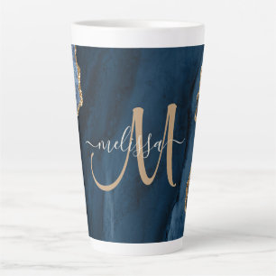 Chic Blue Gold Glitter Agate Marble Monogram Latte Mug