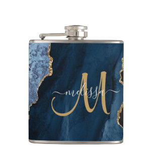 Chic Blue Gold Glitter Agate Monogram Name Hip Flask