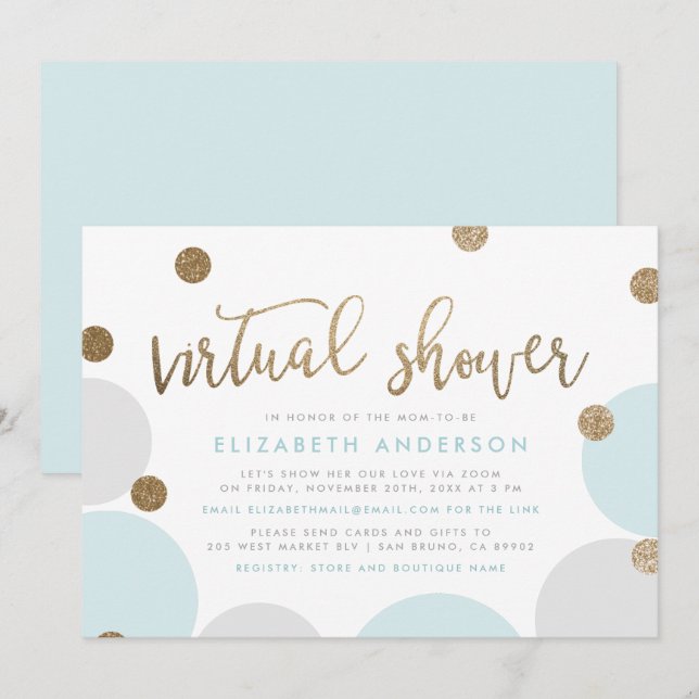 Chic Blue & Gold Glitter Confetti Virtual Shower Invitation (Front/Back)