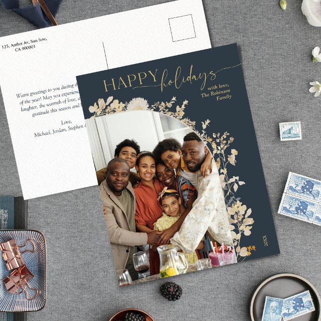 Chic Blue Gold Happy Holidays Photo  Postcard (Creator Uploaded)