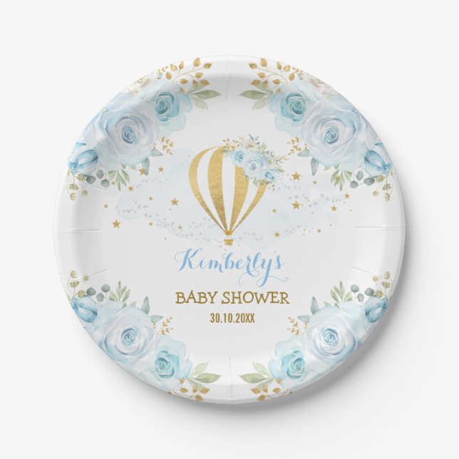 Chic Blue Gold Hot Air Balloon Floral Baby Shower Paper Plate (Front)
