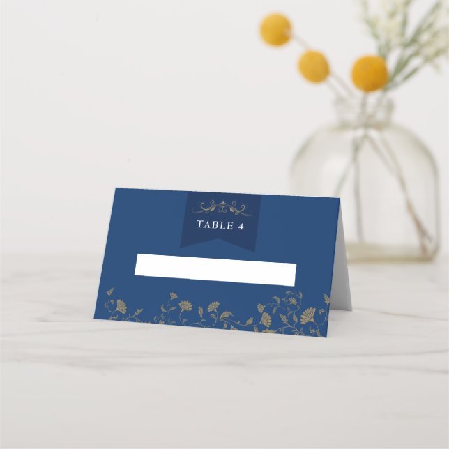 Chic Blue Gold Library Chapter Wedding Place Cards (Front)