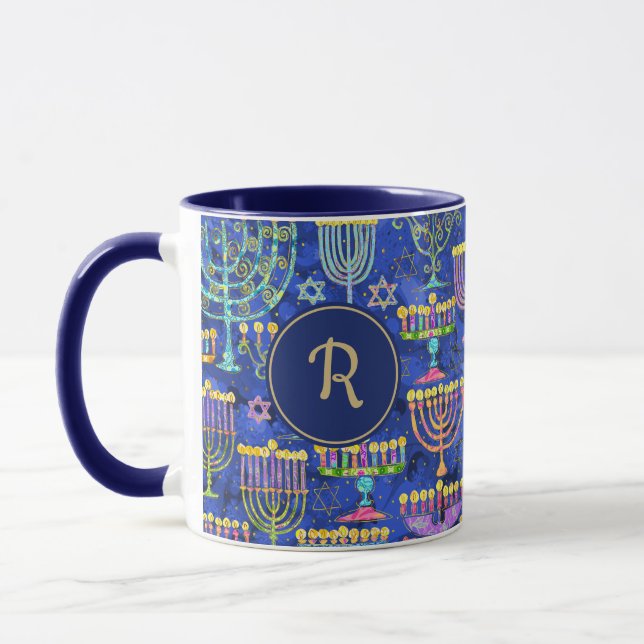 Chic Blue Gold Menorah Star of David Hanukkah Mug (Left)