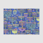 Chic Blue Gold Menorah Star of David Hanukkah Tissue Paper<br><div class="desc">This holiday tissue paper feature a chic pattern of gold,  green and purple menorah and gold Star of David on a blue background. Designed by world renowned artist Tim Coffey.</div>