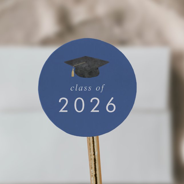 Chic Blue Grad Cap Class of 2025 Graduation Classic Round Sticker (Chic Blue Grad Cap Class of 2026 Graduation Classic Round Sticker)