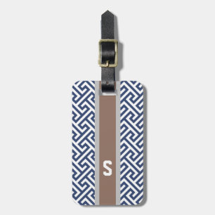 Chic blue greek key geometric patterns monogram luggage tag
