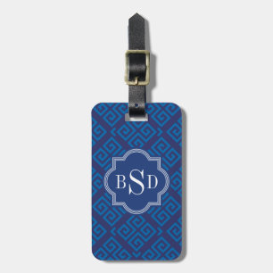 Chic blue greek key geometric patterns monogram luggage tag