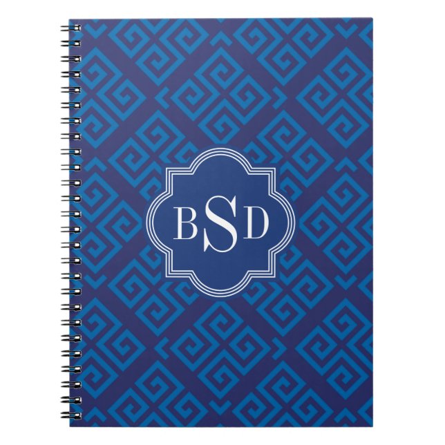 Chic blue greek key geometric patterns monogram notebook (Front)