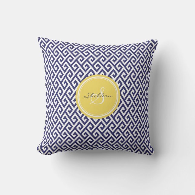 Chic blue greek key geometric patterns monogram throw pillow (Front)