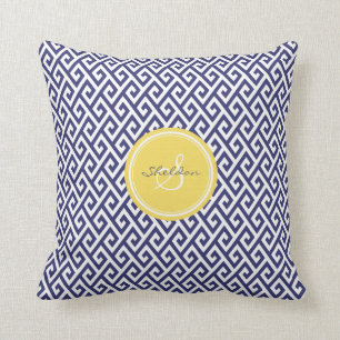 Chic blue greek key geometric patterns monogram throw pillow
