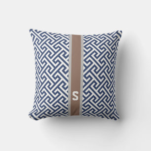 Chic blue greek key geometric patterns monogram throw pillow