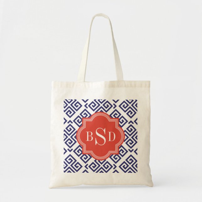 Chic blue greek key geometric patterns monogram tote bag (Front)