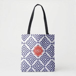 Chic blue greek key geometric patterns monogram tote bag