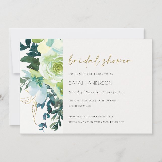 Chic Blue Green Floral Leafy Bridal Shower Invite (Front)