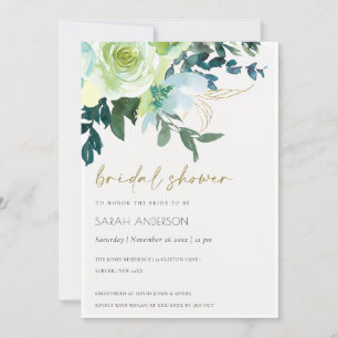 Chic Blue Green Floral Leafy Bridal Shower Invite