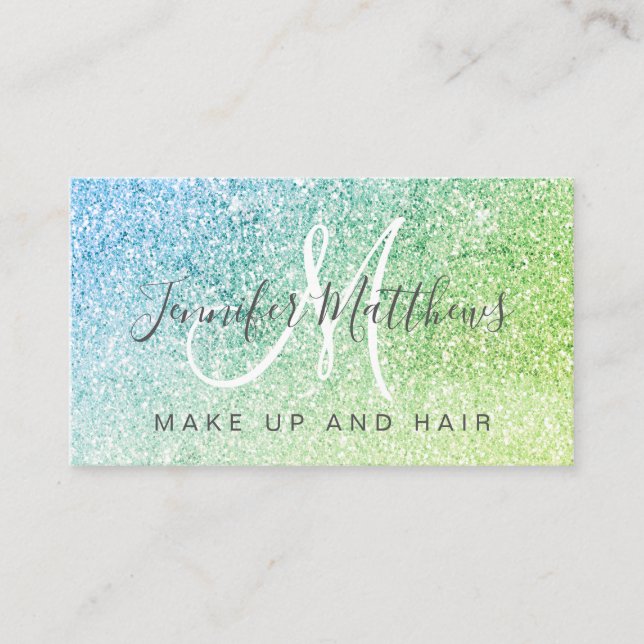 Chic Blue Green Glitter Makeup Artist Hair Salon Business Card (Front)