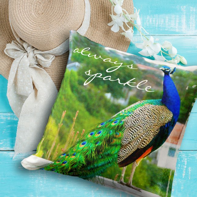Chic Blue Green Peacock Photo Always Sparkle  Throw Pillow (Creator Uploaded)