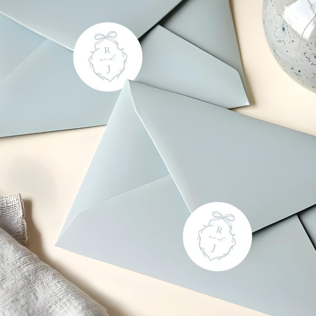 Chic Blue Hand Drawn Bow & Ribbon Monogram Crest Classic Round Sticker (Chic Blue Hand Drawn Bow & Ribbon Monogram Crest Classic Round Sticker)