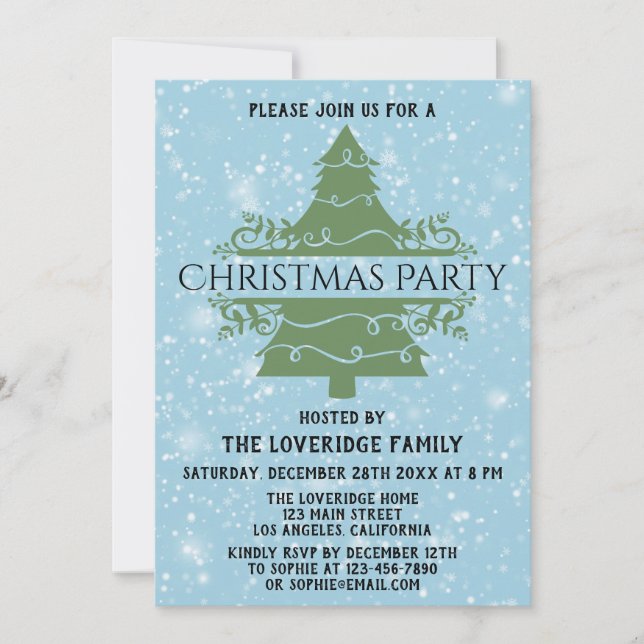 Chic Blue Holiday Christmas Party Snowflakes Tree Invitation (Front)