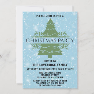 Chic Blue Holiday Christmas Party Snowflakes Tree Invitation