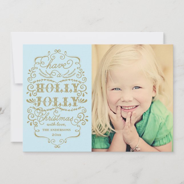 Chic Blue Holly Jolly Christmas Custom Photo Cards (Front)