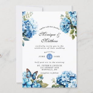 Chic Blue Hydrangea Butterfly Faire-part de mariag