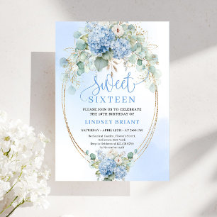 Chic Blue Hydrangea Eucalyptus Gold 16th Birthday Invitation