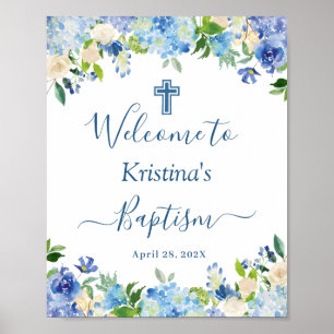 Chic Blue Hydrangea Floral Baptism Affiche de bien