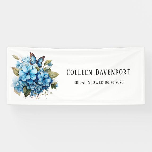 Chic Blue Hydrangea Floral Butterfly Bridal Shower Banner (Horizontal)