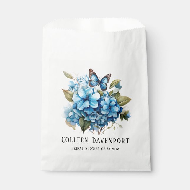 Chic Blue Hydrangea Floral Butterfly Bridal Shower Favour Bag (Front)