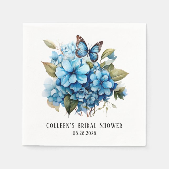 Chic Blue Hydrangea Floral Butterfly Bridal Shower Napkin (Front)