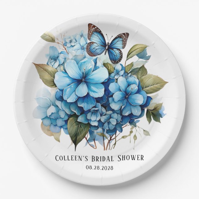 Chic Blue Hydrangea Floral Butterfly Bridal Shower Paper Plate (Front)