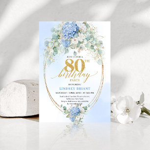 Chic Blue Hydrangeas Gold Floral 80th Birthday Invitation