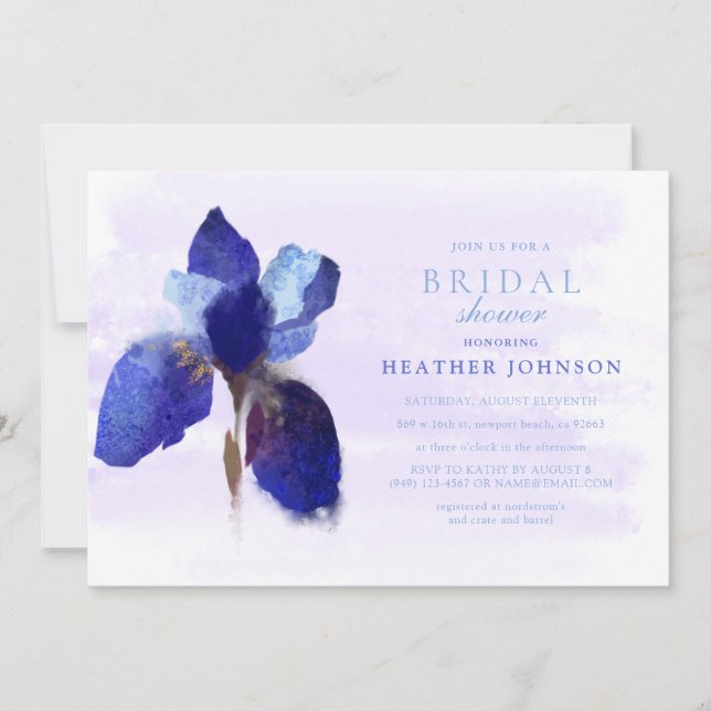 Chic Blue Iris Flower Botanical Watercolor Wedding Invitation (Front)