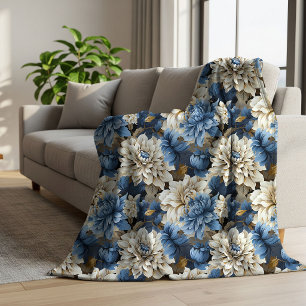 Chic Blue Ivory Floral Elegant Cozy Sherpa Blanket