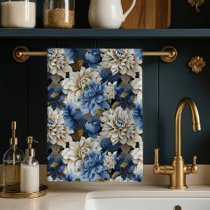 Chic Blue Ivory Floral Elegant Kitchen Towel