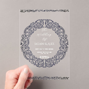 Chic Blue Lace Vintage Wedding Invitation