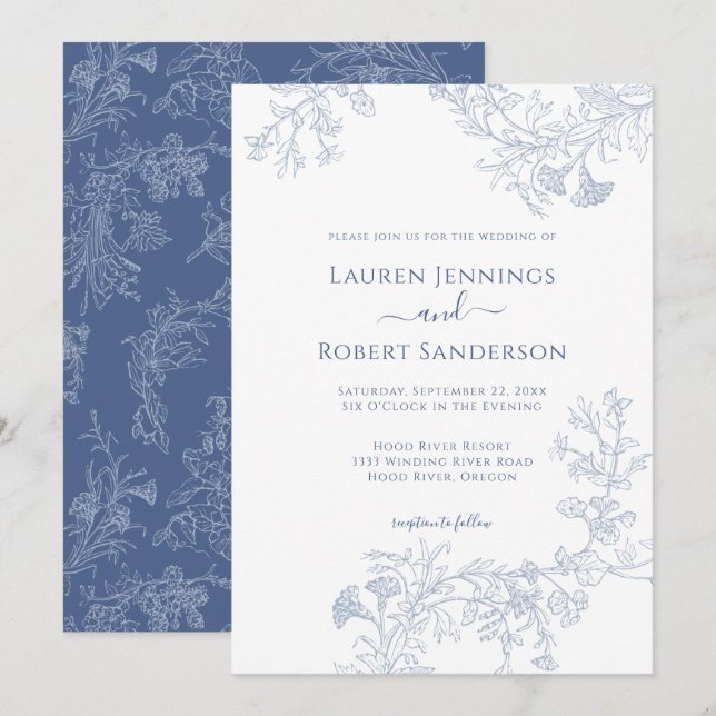 Chic Blue Line Drawn Floral Wedding Invitation (Front/Back)