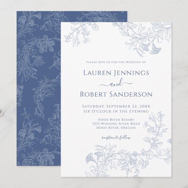 Chic Blue Line Drawn Floral Wedding Invitation (Front/Back)