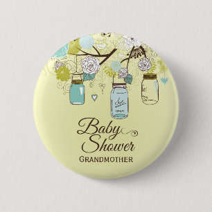 Chic blue mason jar floral baby shower button